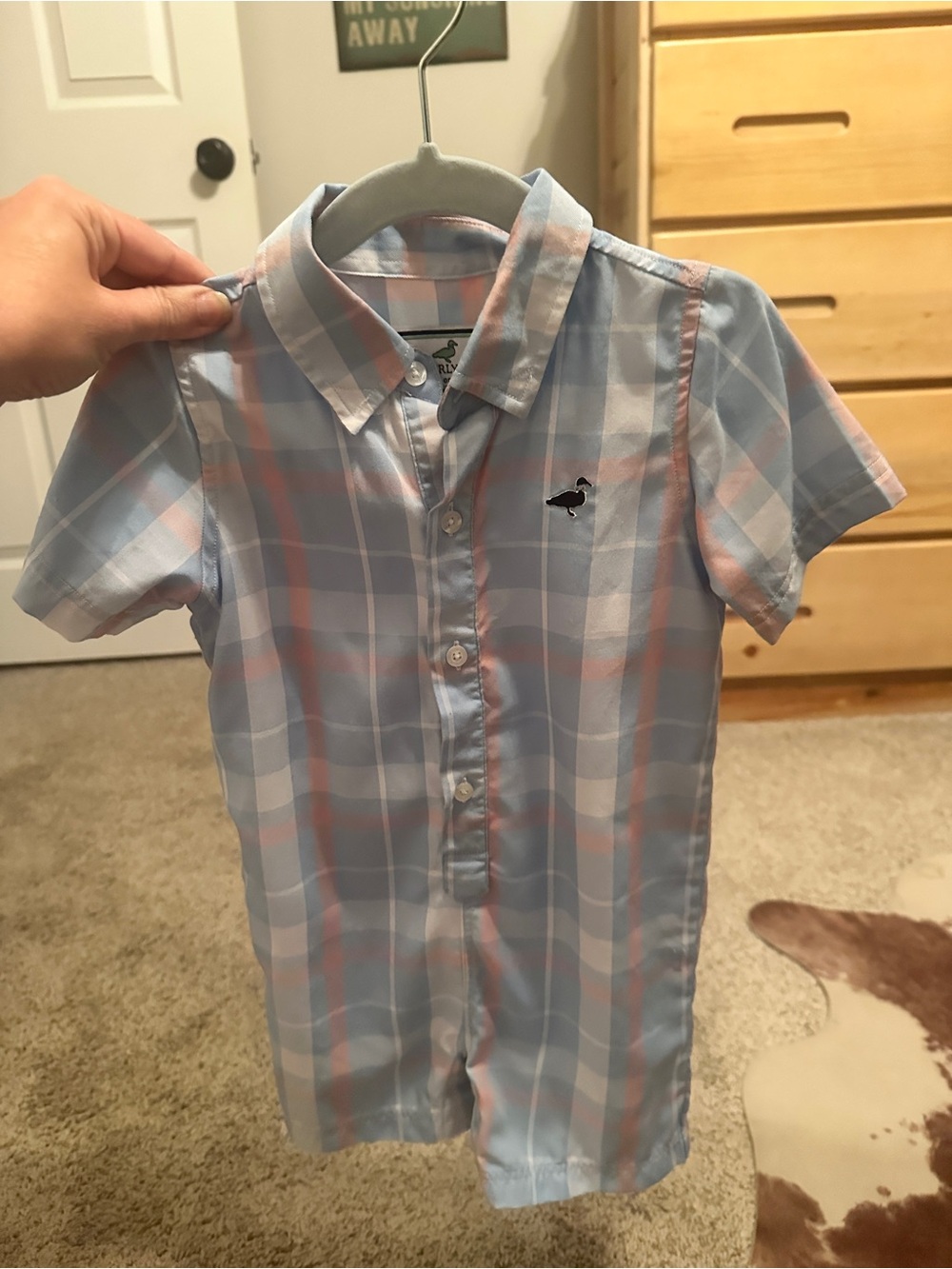 Light Blue & Pink Plaid Button-Down One-Piece Shirt Romper